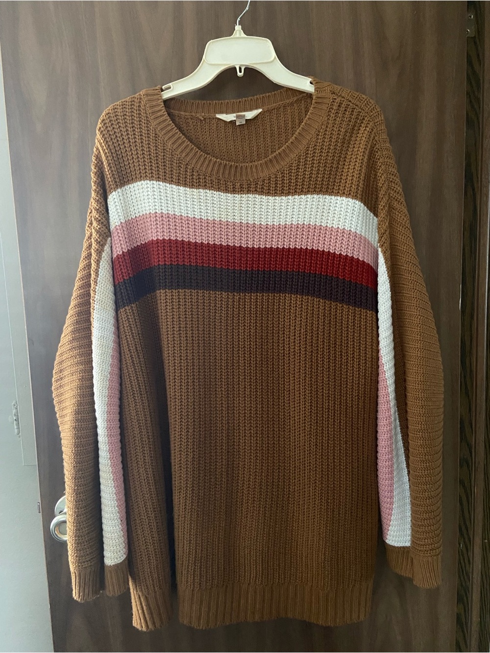 Terra & Sky Brown Crewneck Sweater with Multi-Stripe Accents